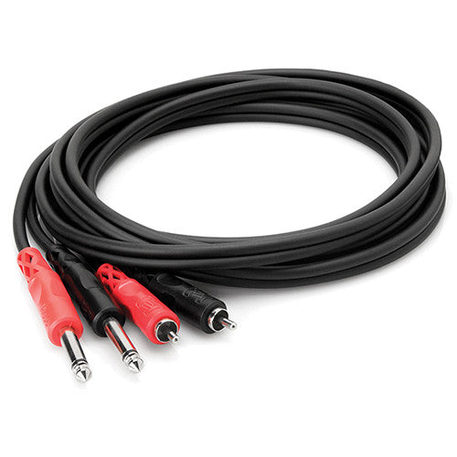 Hosa Technology Two 1/4" Phone Male to Two RCA Male Unbalanced Cable (Molded Plugs) - 6.6' - Rock and Soul DJ Equipment and Records