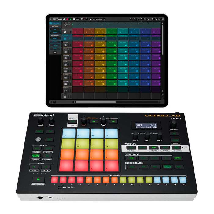 Roland VERSELAB MV-1 ZEN-Core Professional Song Production Studio for Songwriters and Singers. 4x4 pads and TR-REC Step Sequencer for drums, basslines, and melodic parts.