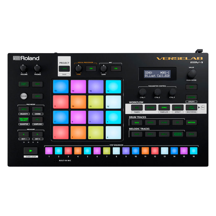 Roland VERSELAB MV-1 ZEN-Core Professional Song Production Studio for Songwriters and Singers. 4x4 pads and TR-REC Step Sequencer for drums, basslines, and melodic parts.