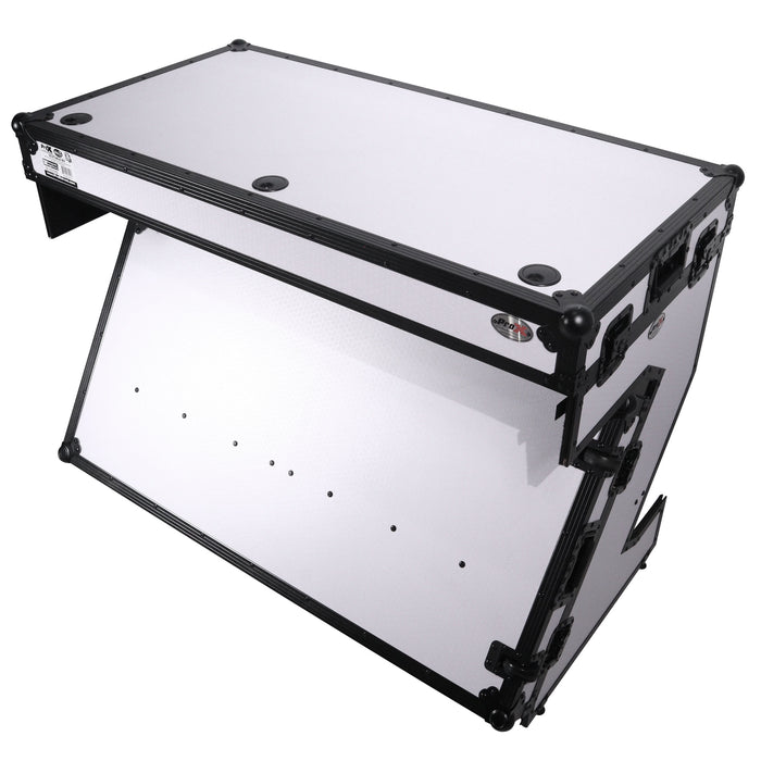 ProX Folding DJ Table Mobile Workstation Flight Case Style with Handles and Wheels - Black White Finish (Open Box)