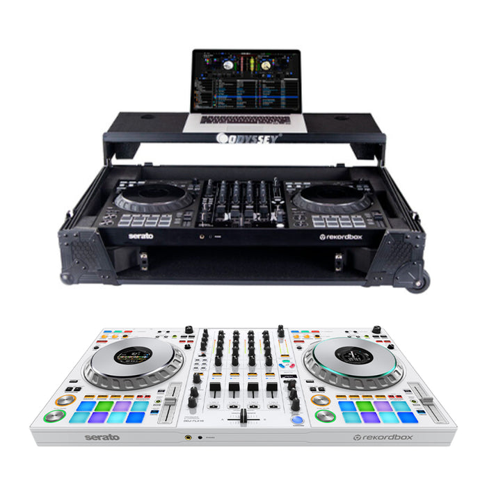 Pioneer DJ DDJ-FLX10-W  + Odyssey 810GSFLX101UM2 I-Board 1U Flight Case with Glide Style Laptop Platform and Wheels