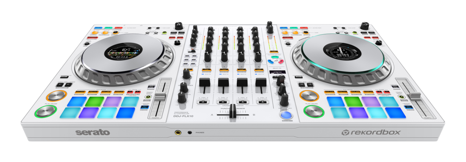 Pioneer DJ DDJ-FLX10-W  + Odyssey 810GSFLX101UM2 I-Board 1U Flight Case with Glide Style Laptop Platform and Wheels