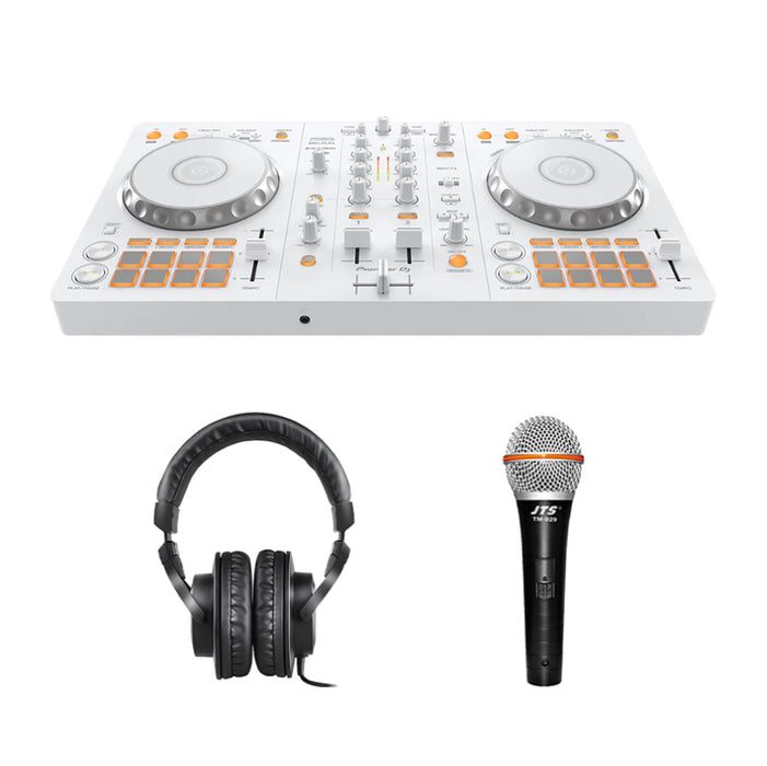 Pioneer DJ DDJ-FLX4 - White + Icon Pro Audio HP200 Headphones + JTS TM-929 Dynamic Microphone