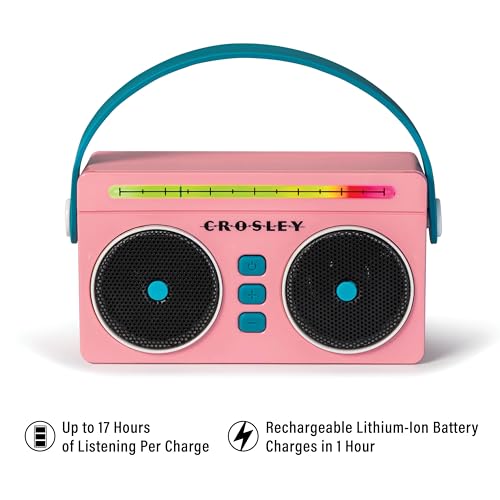 Crosley CR3050A-FG Mini Boombox Retro Portable Bluetooth Speaker with LED Lights, Flamingo