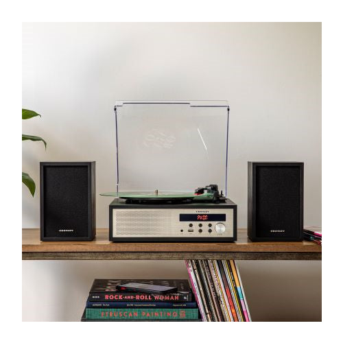 Crosley CR7022A-BK Sloane 3-Speed Bluetooth Turntable and FM Radio Shelf System with Matching Stereo Speakers, Black