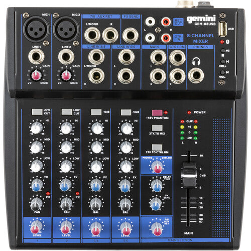 Gemini GEM-8USB Compact 8-Channel Bluetooth Audio Mixer with USB (Open Box)
