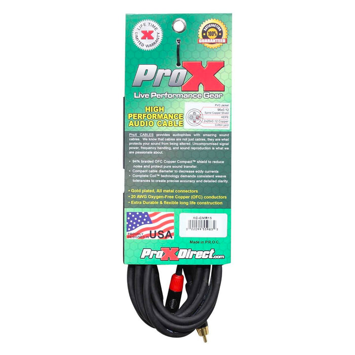 ProX XC-CMR15 - 15ft Unbalanced 3.5mm Mini TRS Male to Dual RCA Male Audio Cable (Open Box)
