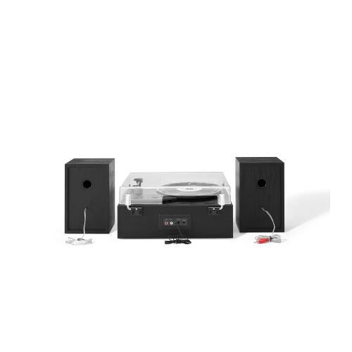 Crosley CR7022A-BK Sloane 3-Speed Bluetooth Turntable and FM Radio Shelf System with Matching Stereo Speakers, Black