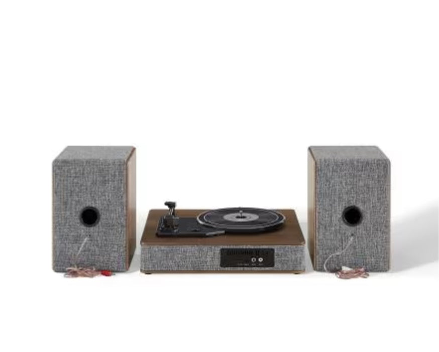 Crosley CR7020A-GY Aria 3-Speed Bluetooth Turntable and FM Radio Shelf System with Matching Stereo Speakers, Gray