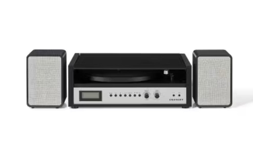 Crosley CR7017B-BS Coda 3-Speed Bluetooth Turntable and FM Radio Shelf System with Matching Stereo Speakers, Black & Silver