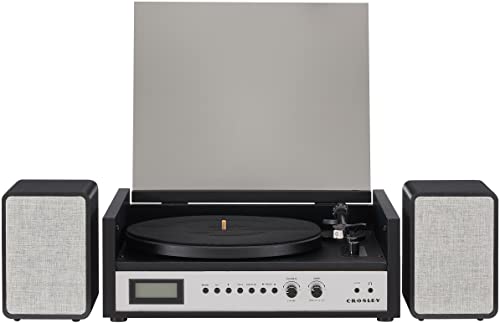 Crosley CR7017B-BS Coda 3-Speed Bluetooth Turntable and FM Radio Shelf System with Matching Stereo Speakers, Black & Silver