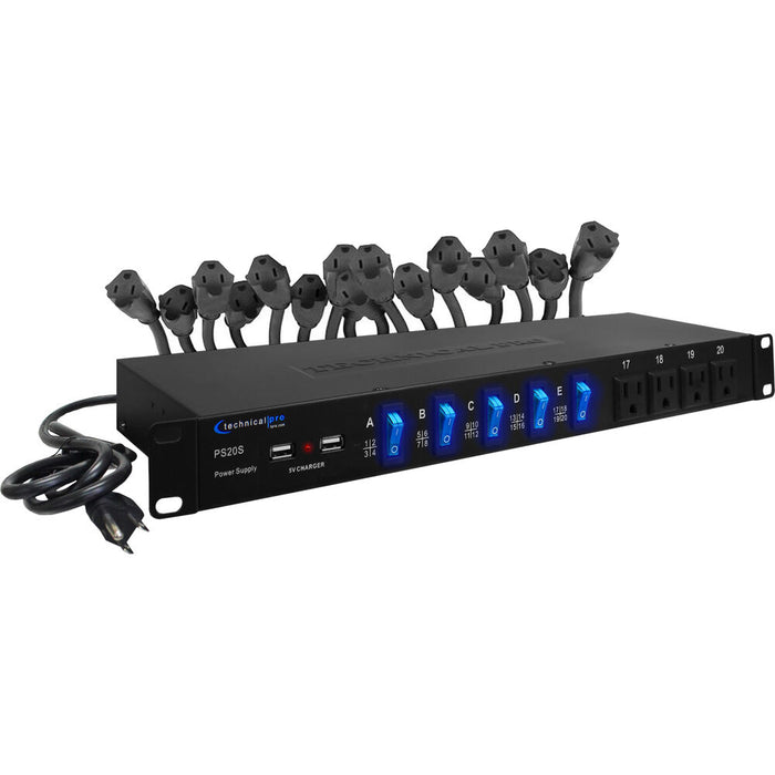 Technical Pro PS20S 20-Outlet Rackmount Power Supply & Surge Protector with USB (Open Box)