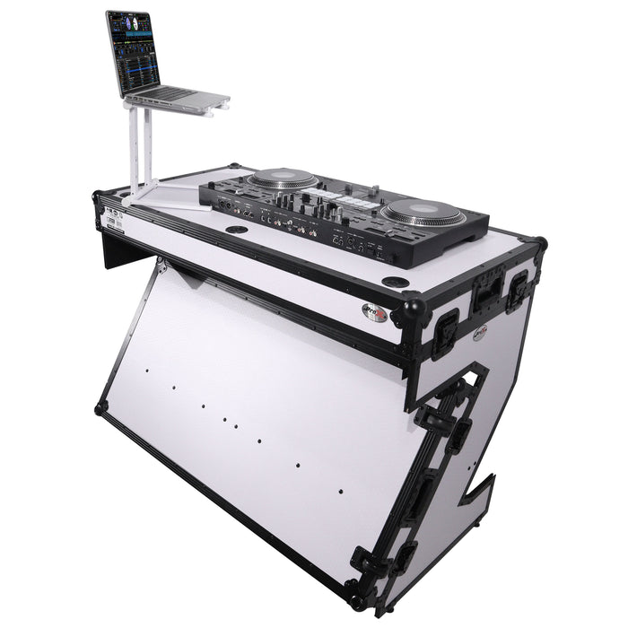 ProX Folding DJ Table Mobile Workstation Flight Case Style with Handles and Wheels - Black White Finish (Open Box)