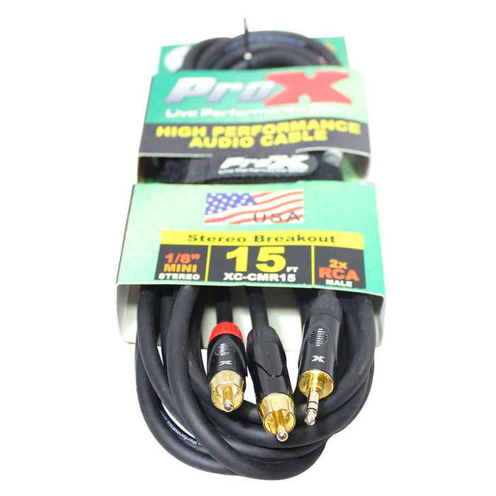 ProX XC-CMR15 - 15ft Unbalanced 3.5mm Mini TRS Male to Dual RCA Male Audio Cable (Open Box)