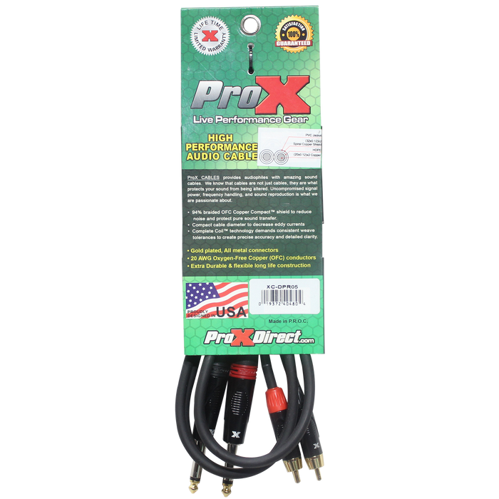ProX 5' Ft. High Performance 1/4” Male TS to Dual RCA Male Unbalanced Audio Cable (Open Box)
