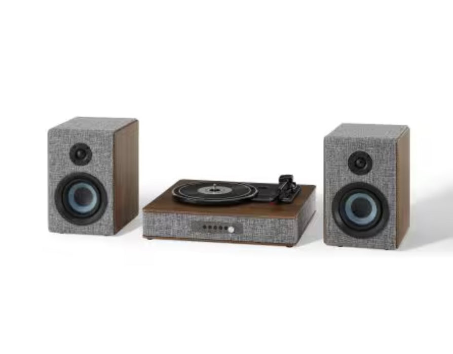 Crosley CR7020A-GY Aria 3-Speed Bluetooth Turntable and FM Radio Shelf System with Matching Stereo Speakers, Gray