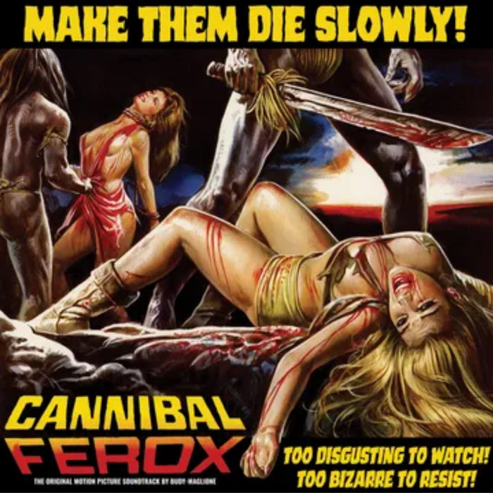 Soundtrack for the 1981 Italian horror movie classic, remastered from the original stereo master tapes for the very first time, pressed on gore splatterd vinyl and packaged in a deluxe gatefold jacket. CANNIBAL FEROX, also known as MAKE THEM DIE SLOWLY, is a legendary cult movie classic. It holds the Guinness World Record for being banned in the most countries.