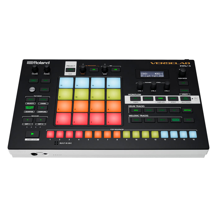 Roland VERSELAB MV-1 ZEN-Core Professional Song Production Studio for Songwriters and Singers. 4x4 pads and TR-REC Step Sequencer for drums, basslines, and melodic parts.