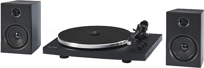 Crosley T150C-BK 2-Speed Bluetooth Turntable Record Player System with Weighted Tone Arm and Stereo Speakers, Black (Open Box)