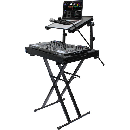 Odyssey Innovative Designs X-Stand Combo Dual-Tier Heavy-Duty Folding Stand with Microphone Boom & Laptop/Gear Shelf Black - Rock and Soul DJ Equipment and Records