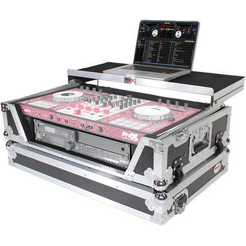 ProX LED Flight Case with 2 RU Rackspace and Wheels for Pioneer DJ DDJ-SX3 or DDJ-1000 (Silver on Black)