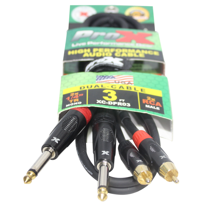 ProX 3' Ft. High Performance 1/4” Male TS to Dual RCA Male Unbalanced Audio Cable