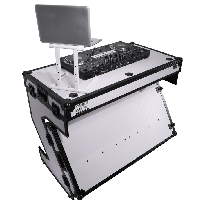 ProX Folding DJ Table Mobile Workstation Flight Case Style with Handles and Wheels - Black White Finish