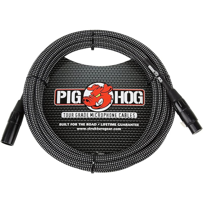 PIG HOG TOUR GRADE WOVEN XLR MICROPHONE CABLE - BLACK AND WHITE, 20 ft