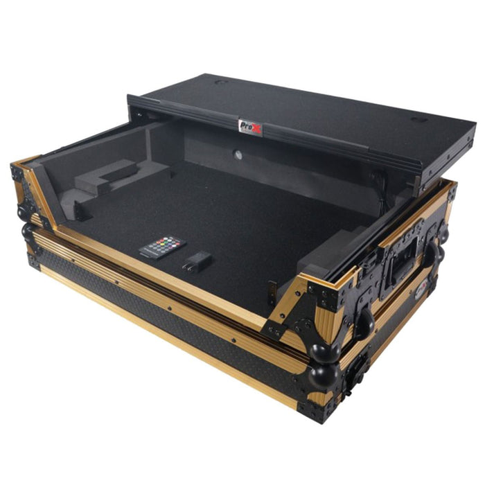 ProX XS-DDJFLX10WLT FGLD LED Flight Style Road Case for Pioneer DDJ-FLX10 DJ Controller with Laptop Shelf 1U Rack Space and Wheels - Gold Hardware