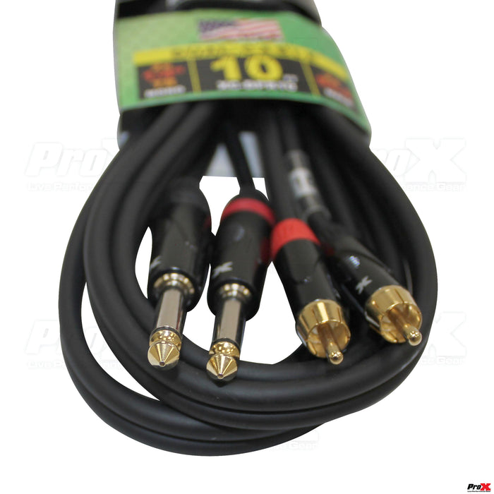 ProX XC-DPR10 10' Ft. High Performance 1/4” Male TS to Dual RCA Male Unbalanced Audio Cable