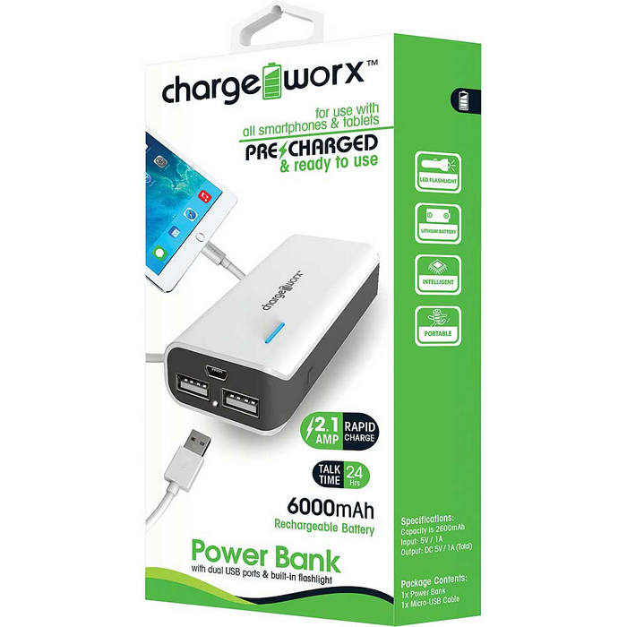 Chargeworx CX6537WH 6000mAh Power Bank with Dual USB port & built-in flashlight, White