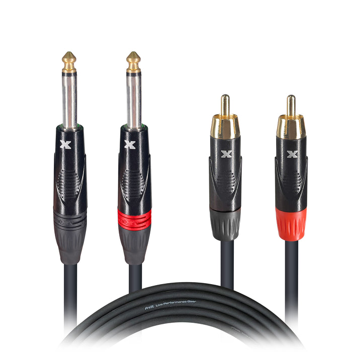 ProX 3' Ft. High Performance 1/4” Male TS to Dual RCA Male Unbalanced Audio Cable