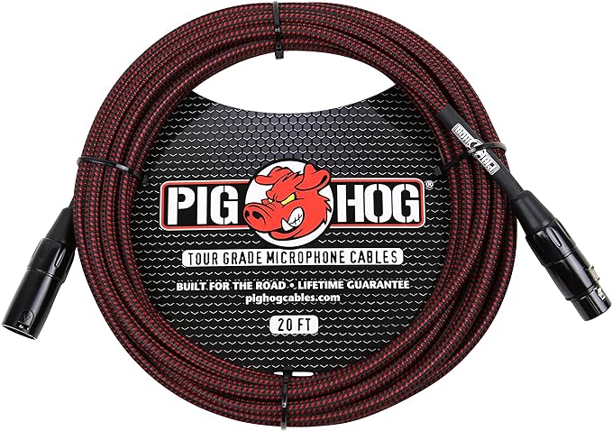 Pig Hog PHM20BRD Black/Red Woven High Performance XLR Microphone Cable, 20 Feet
