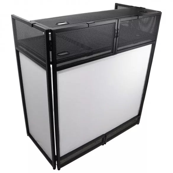 ProX XF-VISTA BL VISTA Black DJ Booth Facade Table Station with White/Black Scrim Kit and Padded Travel Bag